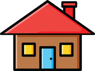 Simple cute cartoon house illustration with red roof, windows, chimney, blue door, minimal design, home icon, vector graphic
