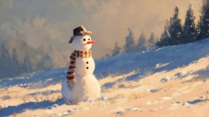 A solitary snowman stands on a snowy hillside adorned with a scarf and hat bathed in warm winter sunlight