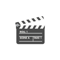 Obraz premium Monochromatic flat design vector illustration of a classic movie clapperboard or film slate, symbolizing video production, cinema, filmmaking, Hollywood, and starting action or recording a scene.