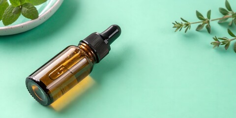 Aromatic essential oil in amber bottle with fresh mint creates a calming spa atmosphere perfect for wellness and beauty brands