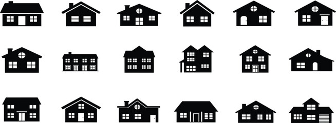 Black silhouette icons set of small family houses, residential architecture vector collection for real estate, construction, and home design