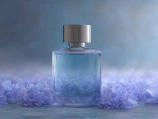 Perfume bottle glass floral fragrance blue elegant luxury cosmetic beauty fresh surrounded by delicate blue flowers soft background stylish and modern design