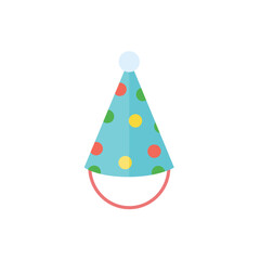 Colorful flat design vector illustration of a conical party hat adorned with multicolored polka dots and a pompom, symbolizing birthdays, celebration, fun, festivity, and special events.