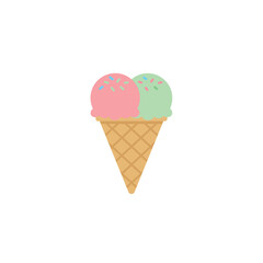 Colorful flat design vector illustration of a waffle cone holding two scoops of ice cream (pink and mint green) topped with sprinkles, symbolizing summer treats, cold dessert, and sweet refreshment.