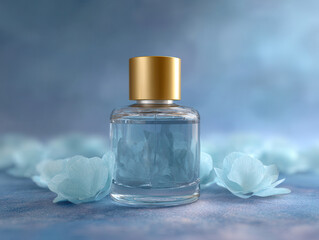 Perfume bottle with gold cap surrounded by delicate blue flower petals on soft blue background, creating fresh and elegant atmosphere for beauty and fragrance concepts