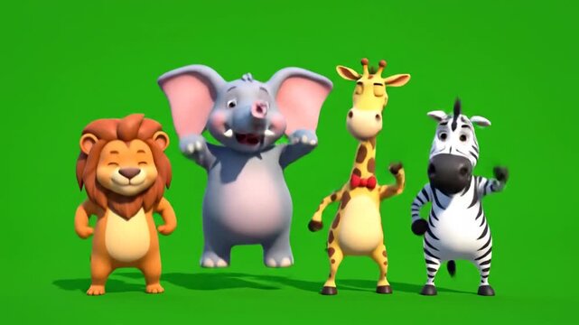Cute Cartoon Safari Animals Dancing on Green Screen: Happy Jungle Friends Animation