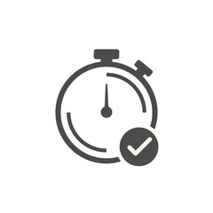 Monochromatic dark grey silhouette vector icon of a stopwatch with a checkmark, symbolizing quick service, successful completion, time tracking, efficiency, and speed measurement on a white background