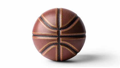 Close-up of a realistic brown basketball with distinct black lines and a textured surface on a white background