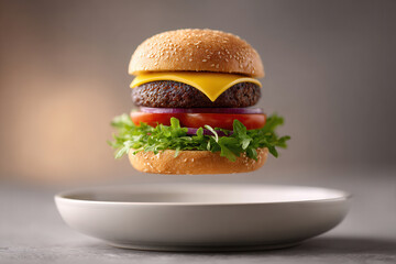 Cheeseburger lettuce tomato cheese beef patty sesame bun floating plate fresh delicious lunch dinner fast food tasty meal snack American classic gourmet juicy appetizing vertical isolated