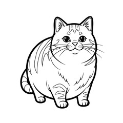 Stylized line art of a cute, round, striped tabby cat; black and white coloring page design.