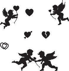 Set of black vector cupid and heart silhouettes illustration for Valentine's Day design.
