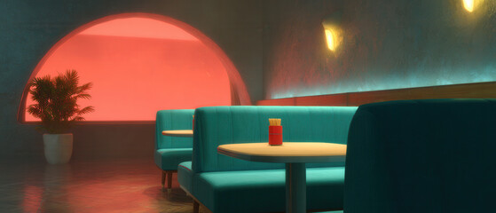 Modern retro diner interior with teal booth seating, round tables, warm wall lighting, potted plant, and large arched window glowing with red light, creating cozy nostalgic atmosphere