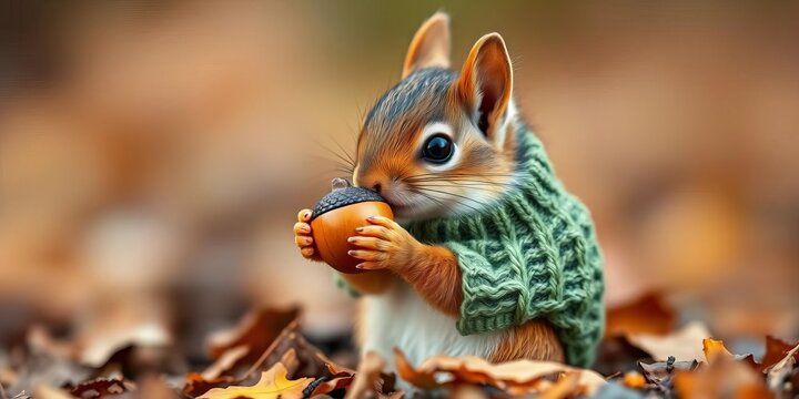 A tiny squirrel clutching an acorn, wearing a miniature knitted sweater, autumn,  crisp