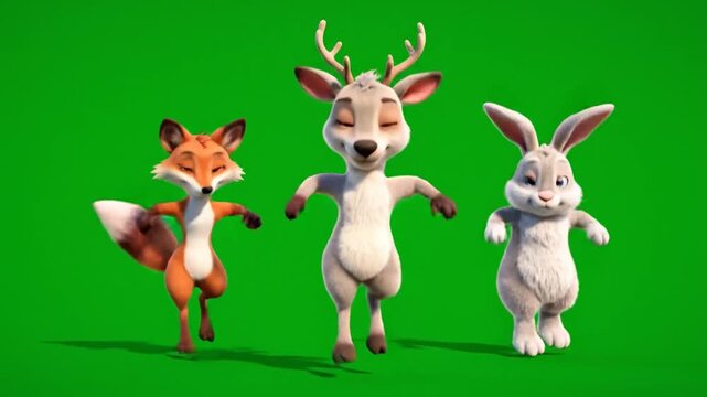 Joyful 3D Cartoon Fox, Deer, and Rabbit Dancing Together on Green Screen