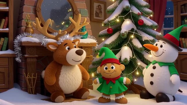 Festive Christmas characters dance around a lit tree