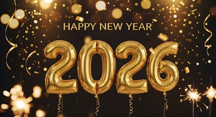 Festive 2026 new year celebration with sparklers and golden balloons