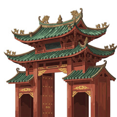Obraz premium Ornate Red and Green Traditional Asian Pagoda Gate Structure With Intricate Golden Details And Dragon Embellishments Isolated On Transparent Background