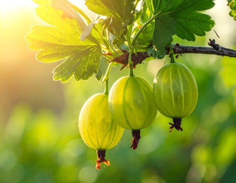 Close-up of gooseberries ripening on a branch, illuminated by golden sunlight, blurred green background, creating a natural scene