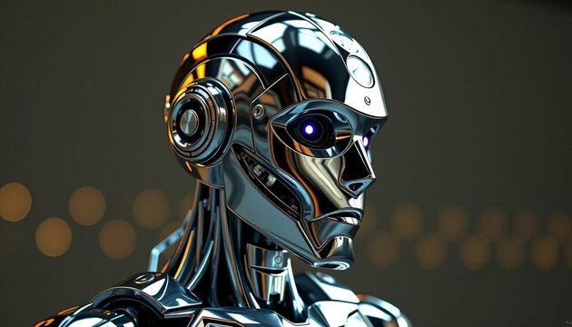 Sleek chrome humanoid robot with advanced articulation, intricate details,  future,  artificial