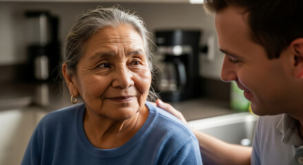 Caring adult son comforts his senior Hispanic mother, offering compassionate support and companionship during her golden years in a home care setting