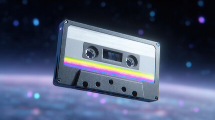 Retro audio cassette tape with rainbow stripe floating in space, glowing neon lights, nostalgic and futuristic atmosphere, vintage music media, dreamy cosmic background