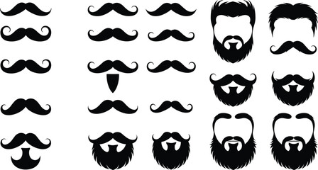 Collection of black mustache and beard silhouettes. Vector graphic design elements for barbershop, hipster style, and male grooming concepts.