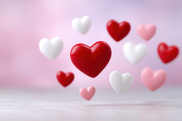 Red heart, white heart, and pink heart shapes float on soft pastel background, creating romantic and dreamy atmosphere perfect for love, Valentine Day, or wedding themes