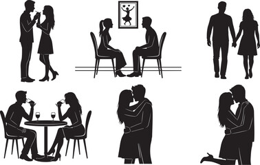 Set of Romantic Dating Couples Silhouettes Engaging in Various Activities Like Dinner, Standing, and Kissing, Representing Love, Intimacy, Relationships, and Leisure Time Concepts on White.