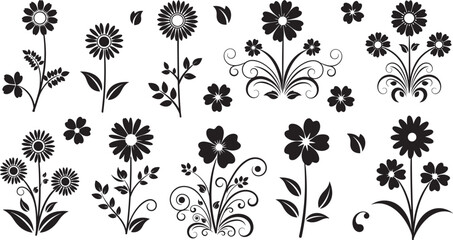 Elegant vector black floral silhouettes set, featuring diverse stylized flowers, leaves, and swirls, perfect for decorative designs, scrapbooking, engraving, and cutting projects.