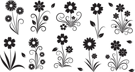 Elegant vector black floral silhouettes set, featuring diverse stylized flowers, leaves, and swirls, perfect for decorative designs, scrapbooking, engraving, and cutting projects.