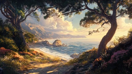 Serene Coastal Landscape with Ancient Trees and Ocean Waves