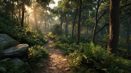 Obraz premium ultra-realistic wide shot of a winding forest trail bathed in golden hour light, dappled sunlight filtering through lush green foliage, serene atmosphere, cinematic, high detail, photorealistic