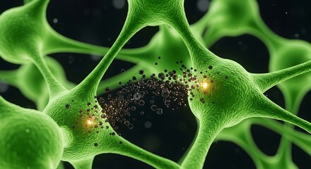Neural Network Connection - Green Neurons Transmitting Signals with Dark Particles.