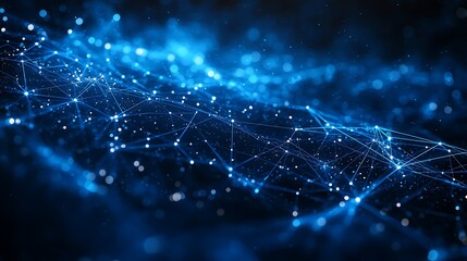 A blue abstract network with glowing nodes and connecting lines in a dark background space effect