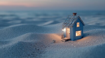 make a blue house in a beach with sand white, ambient quite