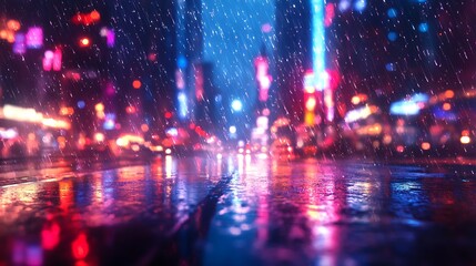 City street at night with rain falling and neon lights reflecting on the wet pavement surface