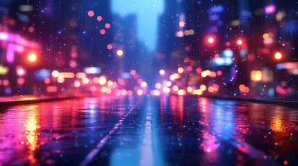 City street at night with rain and blurred lights reflecting on the wet pavement surface view perspective