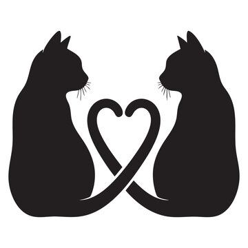 Two black cats in love silhouette with tails intertwined forming a heart shape vector illustration.
