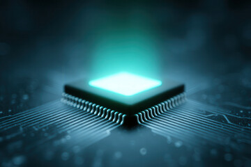 Glowing microchip futuristic technology electronic circuit blue light digital innovation computer hardware closeup modern processor data transfer high tech