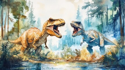 Two Roaring Tyrannosaurus Rex Dinosaurs in a Lush Forest Landscape