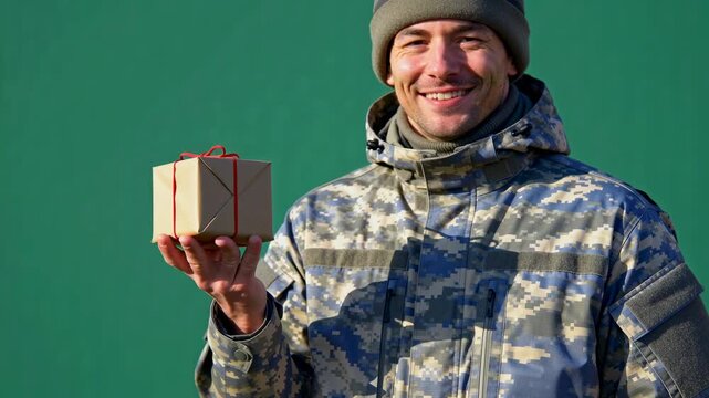 Soldier holding small gift box with ribbon smiling camouflage jacket and beanie offering wrapped gift with red string warm emotion holiday gratitude