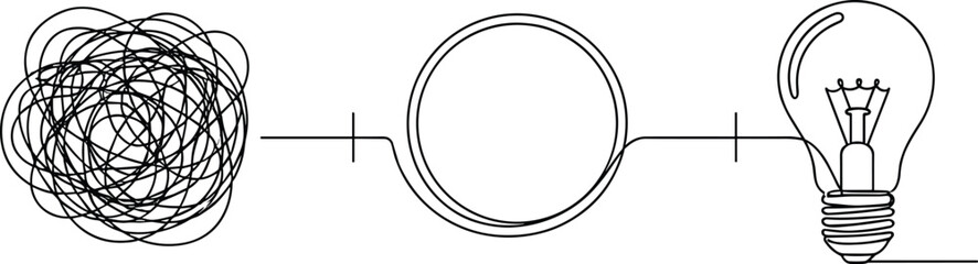 Confusion to Clarity, Tangled Mess to Idea Lightbulb, Showing Innovation, Solution, and Thinking Concept Transformation.