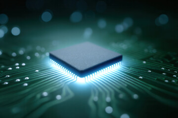 Microchip semiconductor technology circuit electronic glowing green board futuristic innovation closeup create glowing microchip green circuit board representing advanced technology and innovation