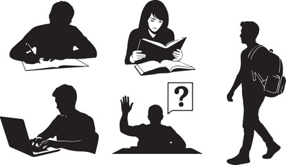 Students Studying Silhouette Set: Reading, Writing, and Laptop Use

Education Vector Silhouettes: People Learning and Doing Homework

Group of Students Reading Books and Using Computer Silhouettes