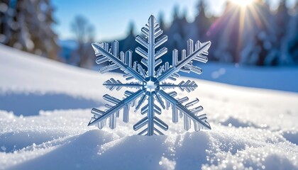 A close-up showcases a delicate, six-pointed, ice crystal illuminated by the sun, resting on a field of fresh, glistening snow. The wintery scene creates a peaceful ambiance