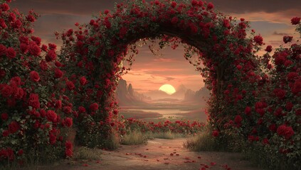 Red rose archway framing misty mountain sunset landscape