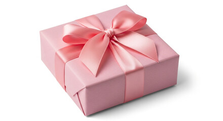 Obraz premium Pink Gift Box with Satin Ribbon Bow Isolated on WhiteValentine's Day Present: Square Pink Box with Elegant BowBirthday Surprise: Pastel Pink Gift Wrap and Ribbon Close Up
