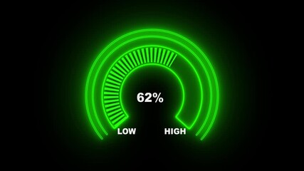 Digital neon line gauges move from high overload to safe low levels, moving needle, indicator, warning message, risk assessment, presentation template, from 0 to 100 percent. 