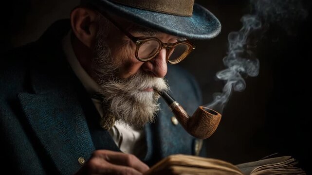 A senior academic professor smokes a pipe while reading.  Superior quality
