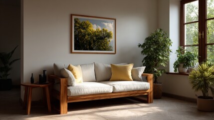 Fototapeta premium Minimal Modern Living Room with Wooden Frame Mockup